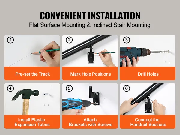 convenient installation steps for VEVOR handrail: pre-set track, mark holes, drill, attach brackets.