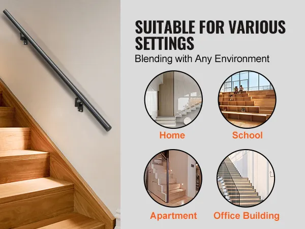 VEVOR handrail on wooden stairs with circles showing use in home, school, apartment, and office building.