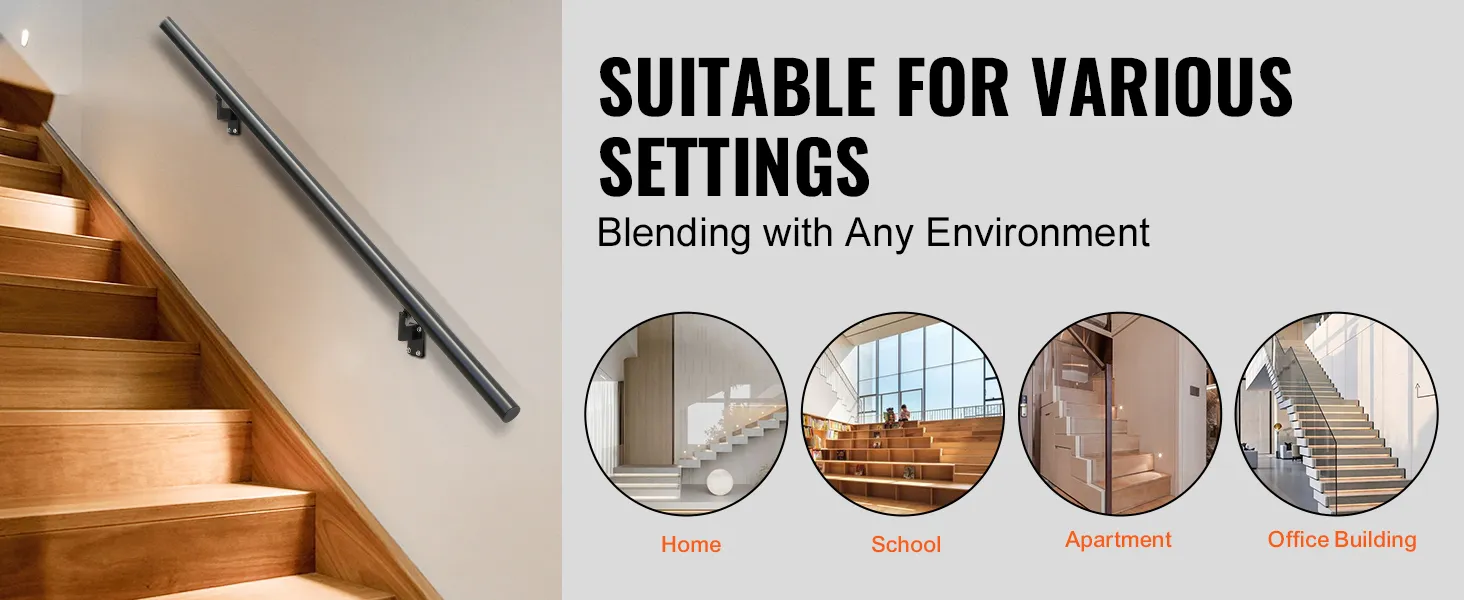 VEVOR handrail on wooden stairs with circles showing use in home, school, apartment, and office building.