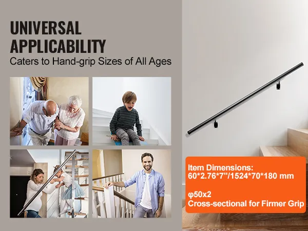 Aplicabilidad universal para todas las edades. Pasamanos VEVOR con agarre firme, dimensiones del artículo: 60 x 2,76 x 7,5 cm.