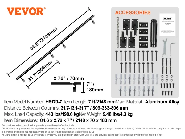 VEVOR handrail specifications and accessories, 84.6-inch aluminum alloy railing with installation parts.