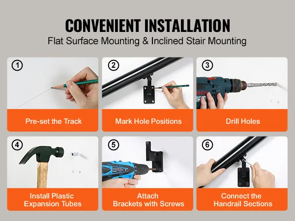 convenient installation of VEVOR handrail in 6 steps: pre-set, mark, drill, install, attach, connect.