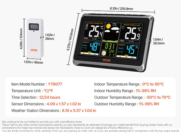 VEVOR weather station model yt6077 dimensions and specs with sensor unit.