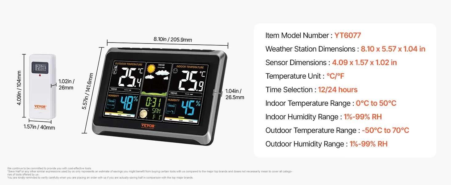 VEVOR weather station model yt6077 dimensions and specs with sensor unit.