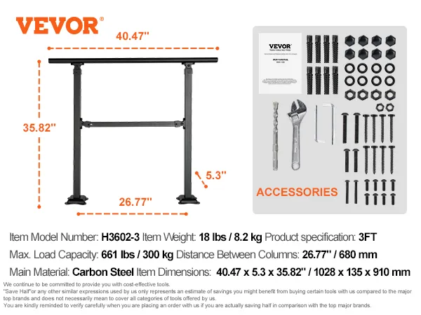 VEVOR stair handrail product specifications, dimensions, accessories, and installation hardware.