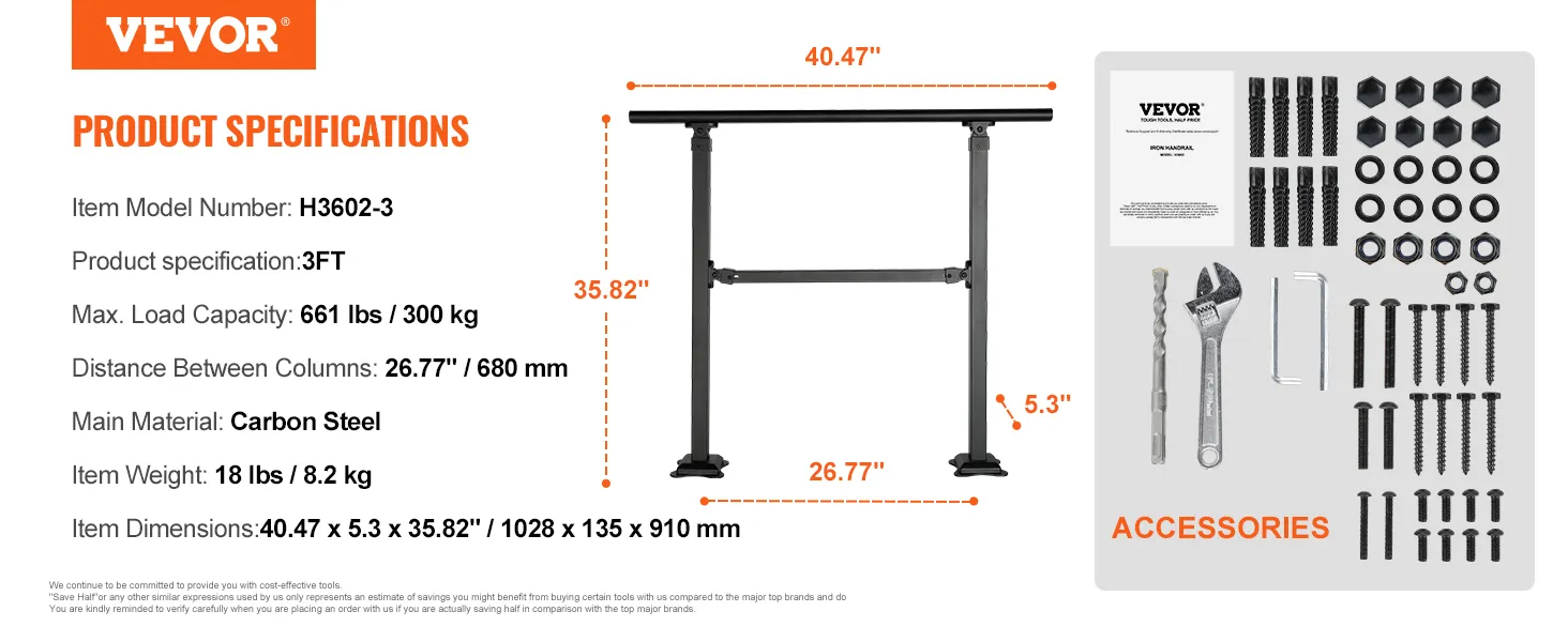 VEVOR stair handrail product specifications, dimensions, accessories, and installation hardware.