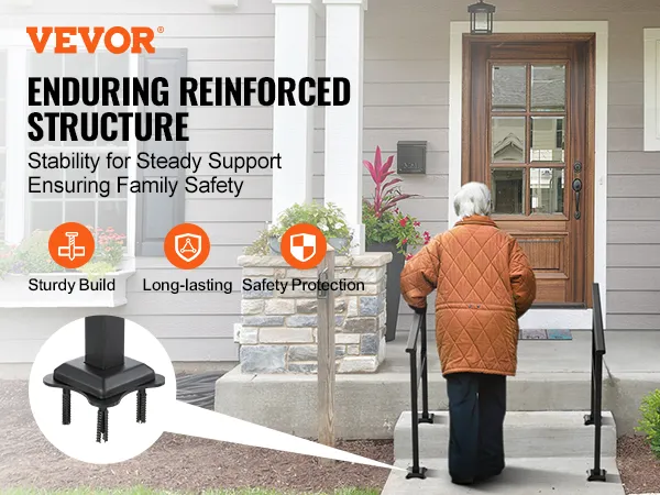 VEVOR stair handrail provides stability and safety for elderly users climbing porch steps.