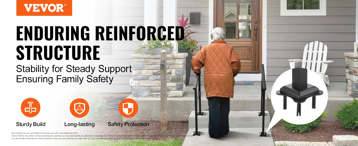 VEVOR stair handrail provides stability and safety for elderly users climbing porch steps.