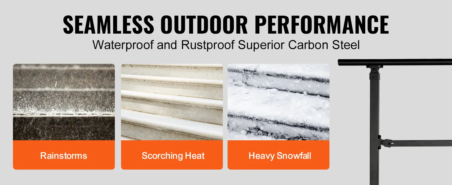 VEVOR stair handrail: waterproof, rustproof carbon steel for rainstorms, scorching heat, heavy snowfall.