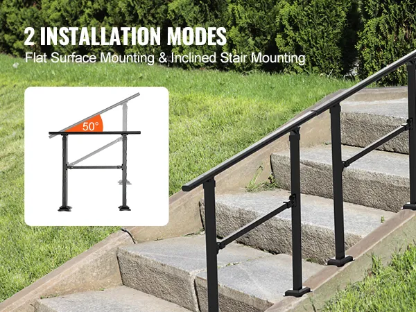 VEVOR stair handrail showcasing 2 installation modes: flat surface and inclined stair mounting.