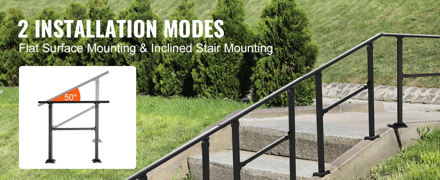 VEVOR stair handrail showcasing 2 installation modes: flat surface and inclined stair mounting.