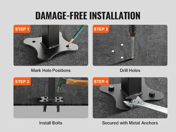 VEVOR stair handrail installation: mark hole positions, drill holes, install bolts, secure with metal anchors.