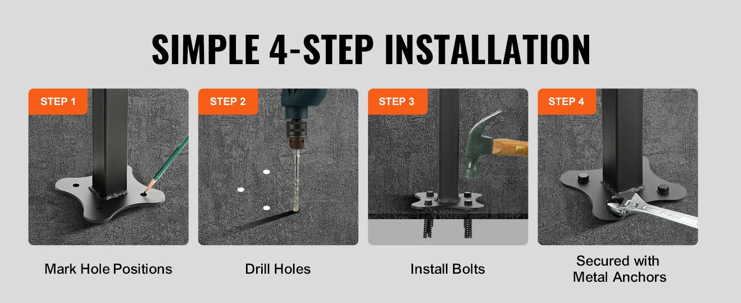 VEVOR stair handrail installation: mark hole positions, drill holes, install bolts, secure with metal anchors.