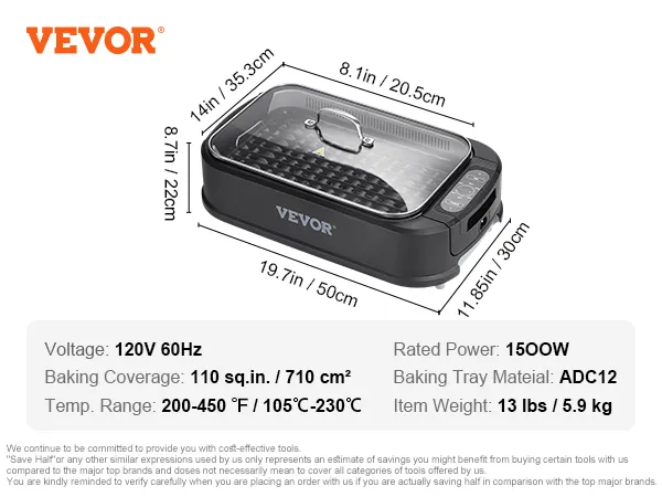 Parrilla de interior sin humo VEVOR con cobertura de horneado de 110 pulgadas cuadradas, 120 V 60 Hz, 1500 W, bandeja adc12.