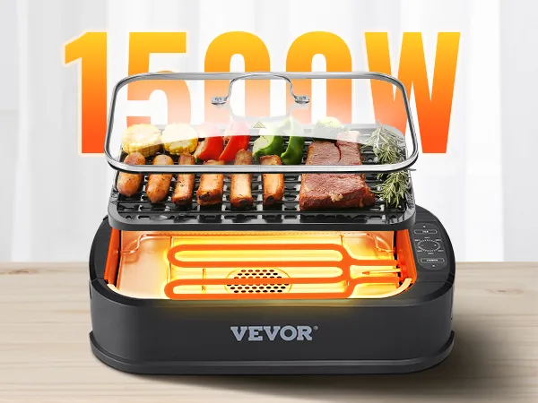 Parrilla de interior sin humo VEVOR con salida de alta potencia de 1500 W y tubos de calentamiento en forma de U para una cocción rápida.