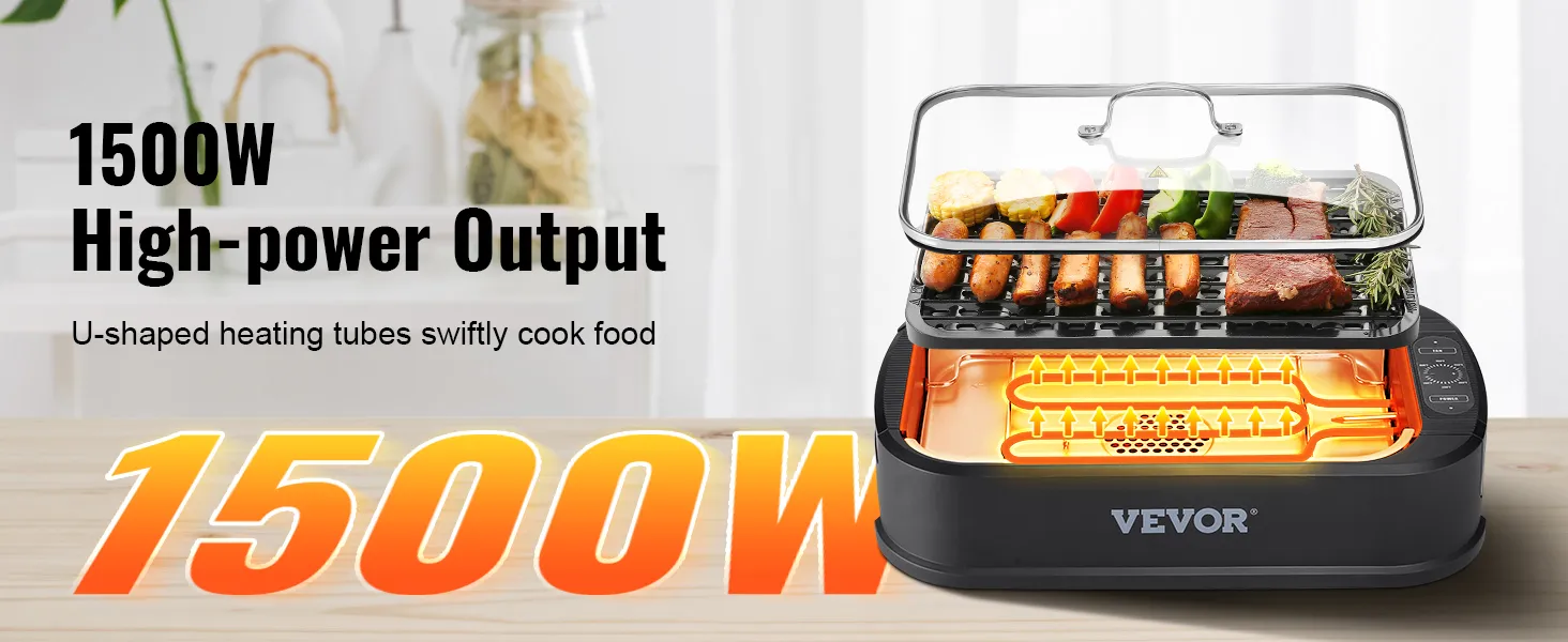 Parrilla de interior sin humo VEVOR con salida de alta potencia de 1500 W y tubos de calentamiento en forma de U para una cocción rápida.