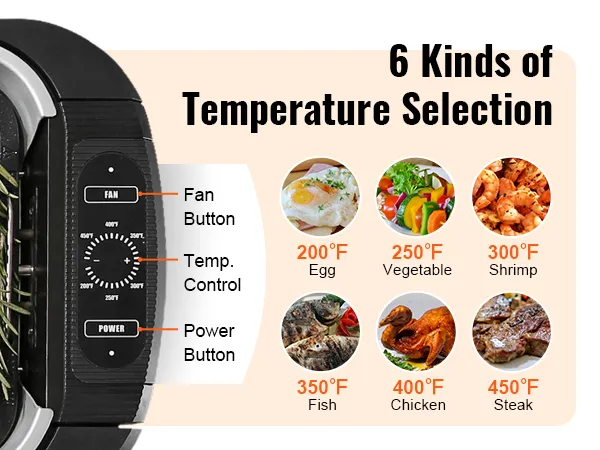 Configuraciones de temperatura de la parrilla de interior sin humo VEVOR: 200 °F para huevos, 250 °F para vegetales, 300 °F para camarones, 350 °F para pescado, 400 °F para pollo, 450 °F para bistec.