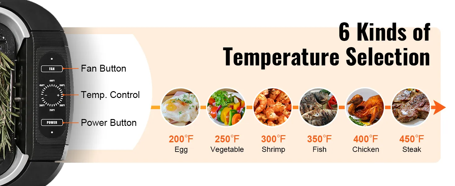 Configuraciones de temperatura de la parrilla de interior sin humo VEVOR: 200 °F para huevos, 250 °F para vegetales, 300 °F para camarones, 350 °F para pescado, 400 °F para pollo, 450 °F para bistec.