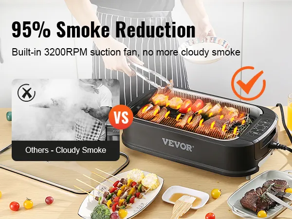 Parrilla de interior sin humo VEVOR en uso con alimentos en la encimera, que muestra una reducción de humo del 95%.