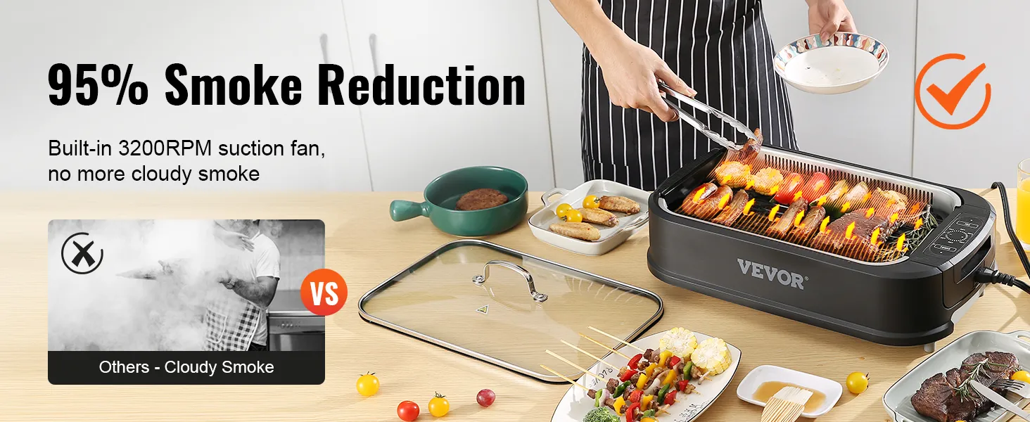 Parrilla de interior sin humo VEVOR en uso con alimentos en la encimera, que muestra una reducción de humo del 95%.