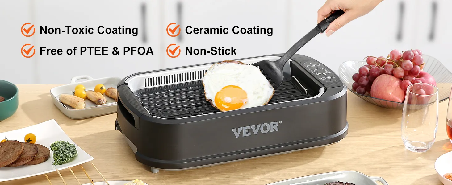 Parrilla de interior sin humo VEVOR con revestimiento de cerámica, superficie antiadherente y opciones de cocción más saludables.