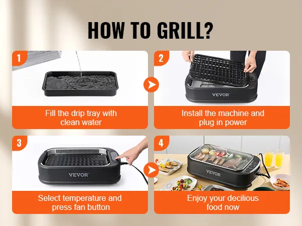 Configuración de parrilla de interior sin humo VEVOR: llene la bandeja de goteo, instale la máquina, seleccione la temperatura y disfrute de la comida.