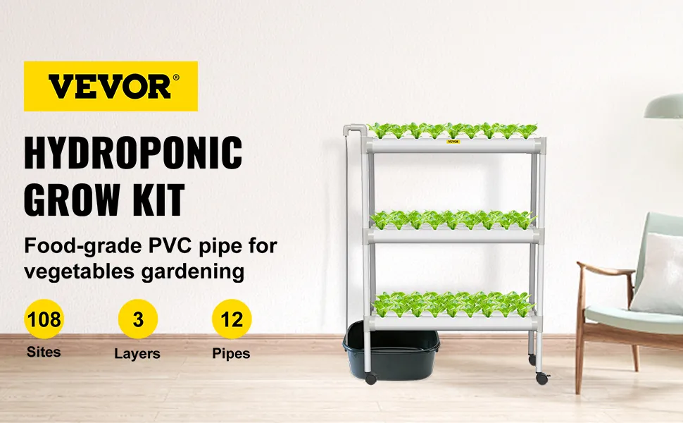 Sistema de cultivo hidropónico VEVOR con 108 sitios, 3 capas y 12 tuberías de pvc para huerto.