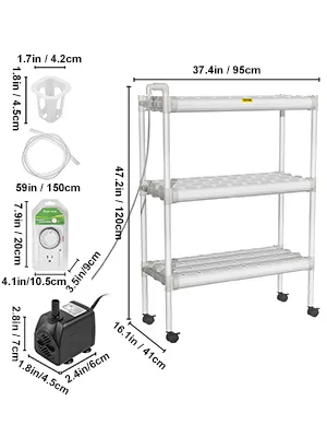 Sistema de cultivo hidropónico VEVOR con dimensiones y componentes incluidos: estantes, bomba, temporizador, tubos.