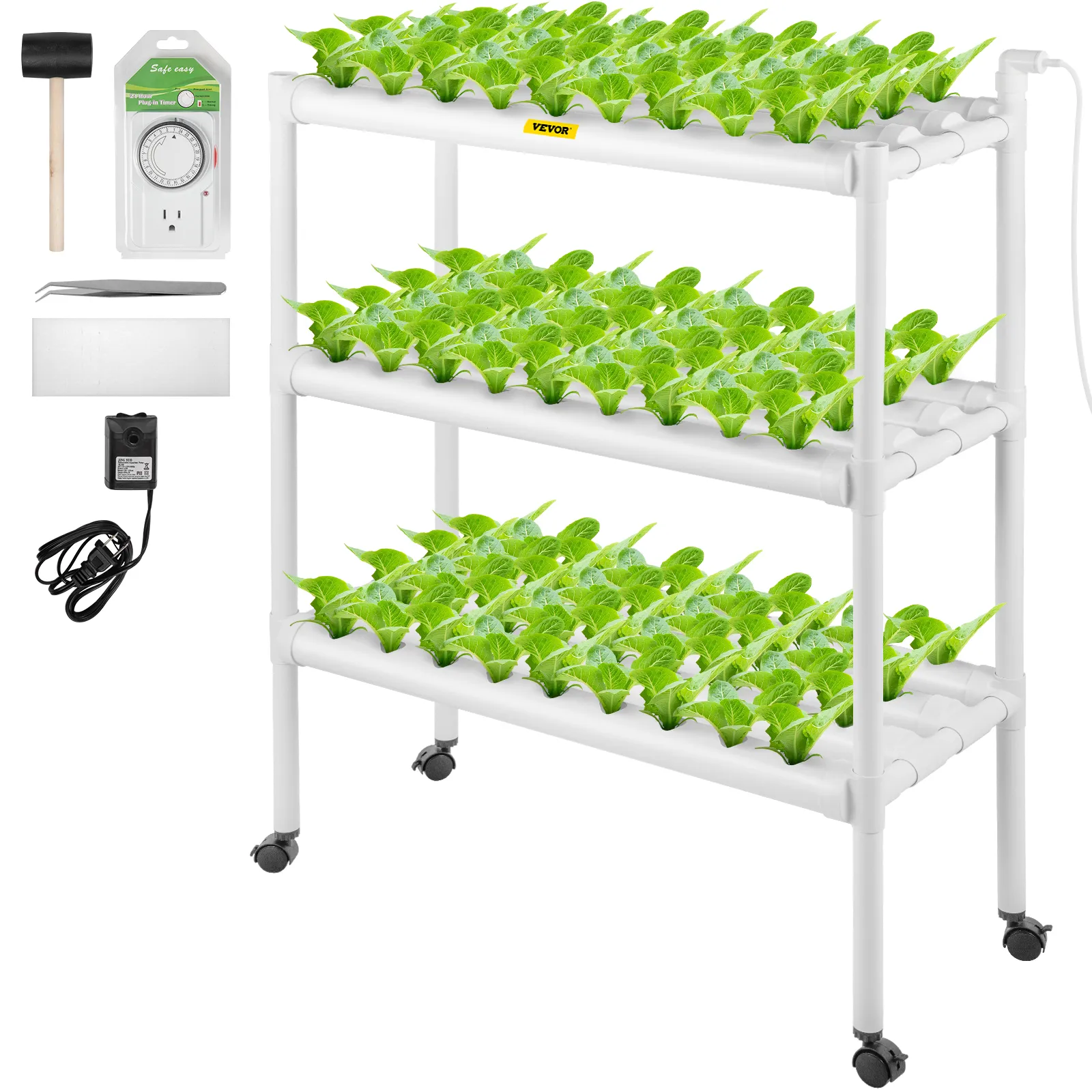 Sistema de cultivo hidropónico VEVOR con estructura de tres niveles, exuberantes plantas verdes y herramientas esenciales incluidas.