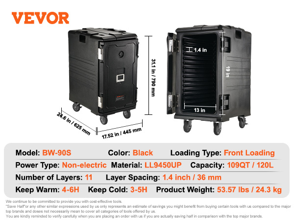 VEVOR Insulated Food Pan Carrier, 109 Qt Hot Box for Catering