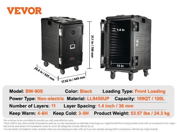Contenitore termico per alimenti VEVOR con caricamento frontale, non elettrico, nero, capacità 109 qt.
