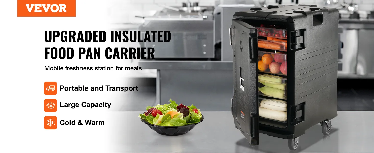VEVOR insulated food pan carrier with large capacity for transport in a kitchen setting.