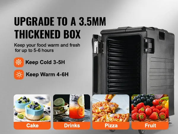 Contenitore termico per alimenti VEVOR per mantenere caldi o freddi gli alimenti, tra cui torte, bevande, pizza e frutta.