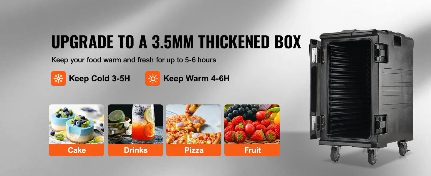 Contenitore termico per alimenti VEVOR per mantenere caldi o freddi gli alimenti, tra cui torte, bevande, pizza e frutta.