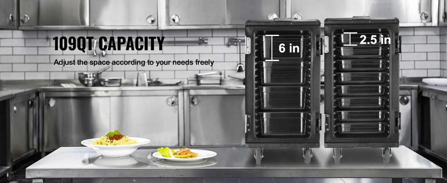 Contenitore termico per alimenti VEVOR con capacità di 109 litri in una cucina in acciaio inox.