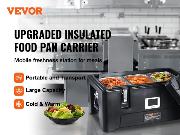 VEVOR insulated food pan carrier showcasing portability, large capacity, and temperature control.