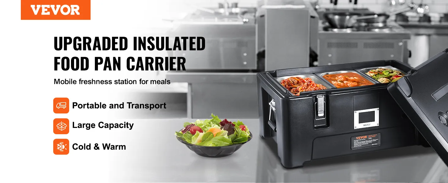VEVOR insulated food pan carrier showcasing portability, large capacity, and temperature control.