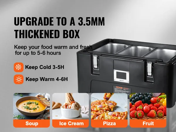 VEVOR insulated food pan carrier, 3.5mm thick, retains food temperature for hours.