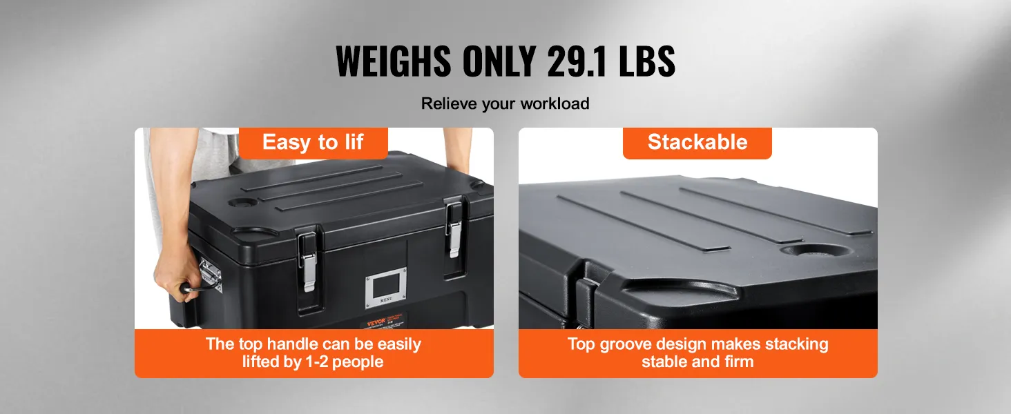 VEVOR insulated food pan carrier, lightweight at 29.1 lbs, easy to lift, and stackable.