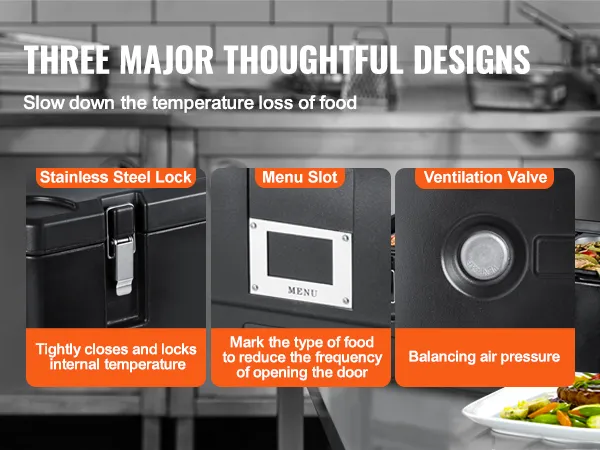 VEVOR insulated food pan carrier with stainless steel lock, menu slot, and ventilation valve.