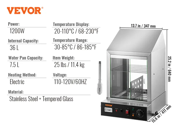 Vaporera para hot dogs VEVOR, 25 lbs, 1200w, 110-120v, capacidad 36l, acero inoxidable y vidrio templado.