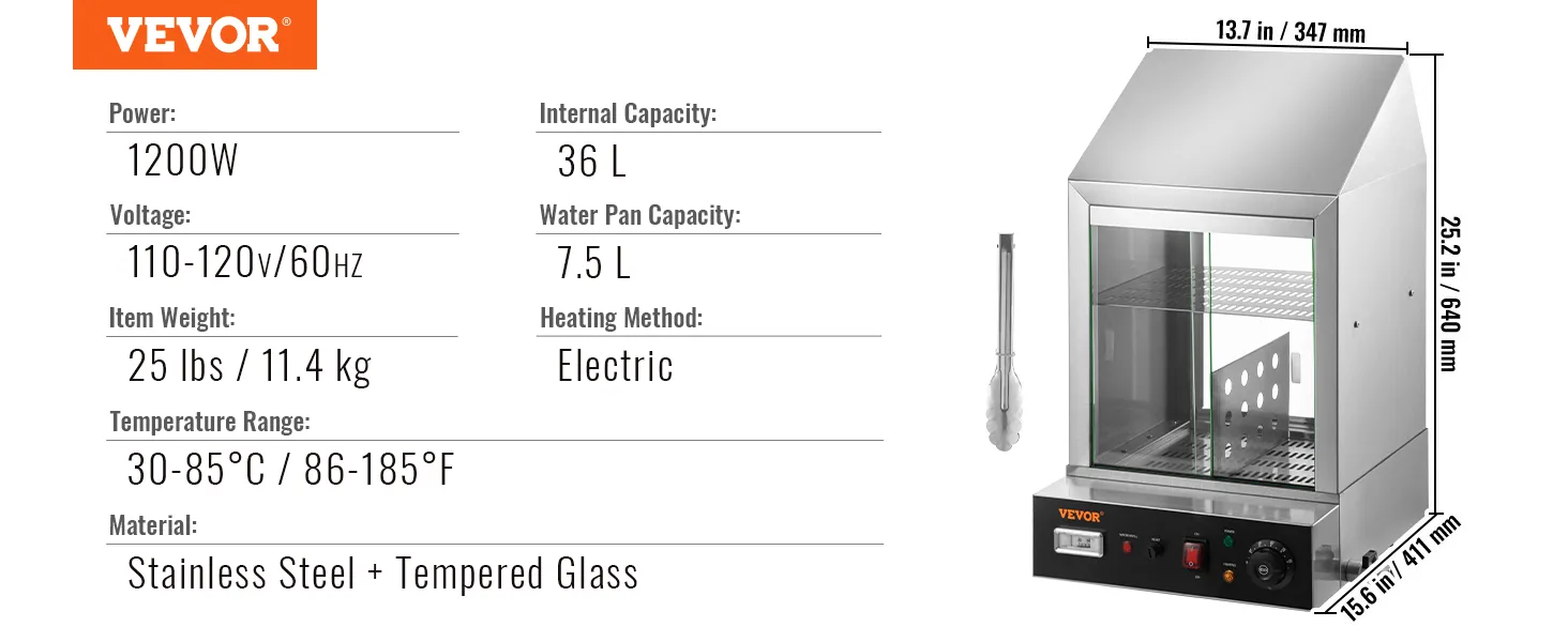 Vaporera para hot dogs VEVOR, 25 lbs, 1200w, 110-120v, capacidad 36l, acero inoxidable y vidrio templado.