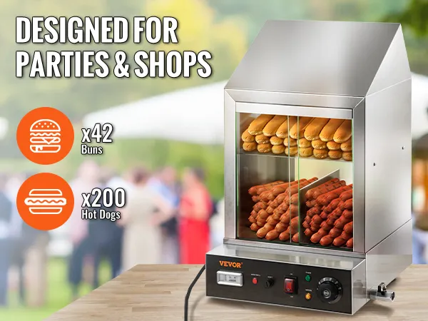 Vaporera para hot dogs VEVOR, ideal para fiestas y tiendas, con capacidad para 200 hot dogs y 42 panecillos.
