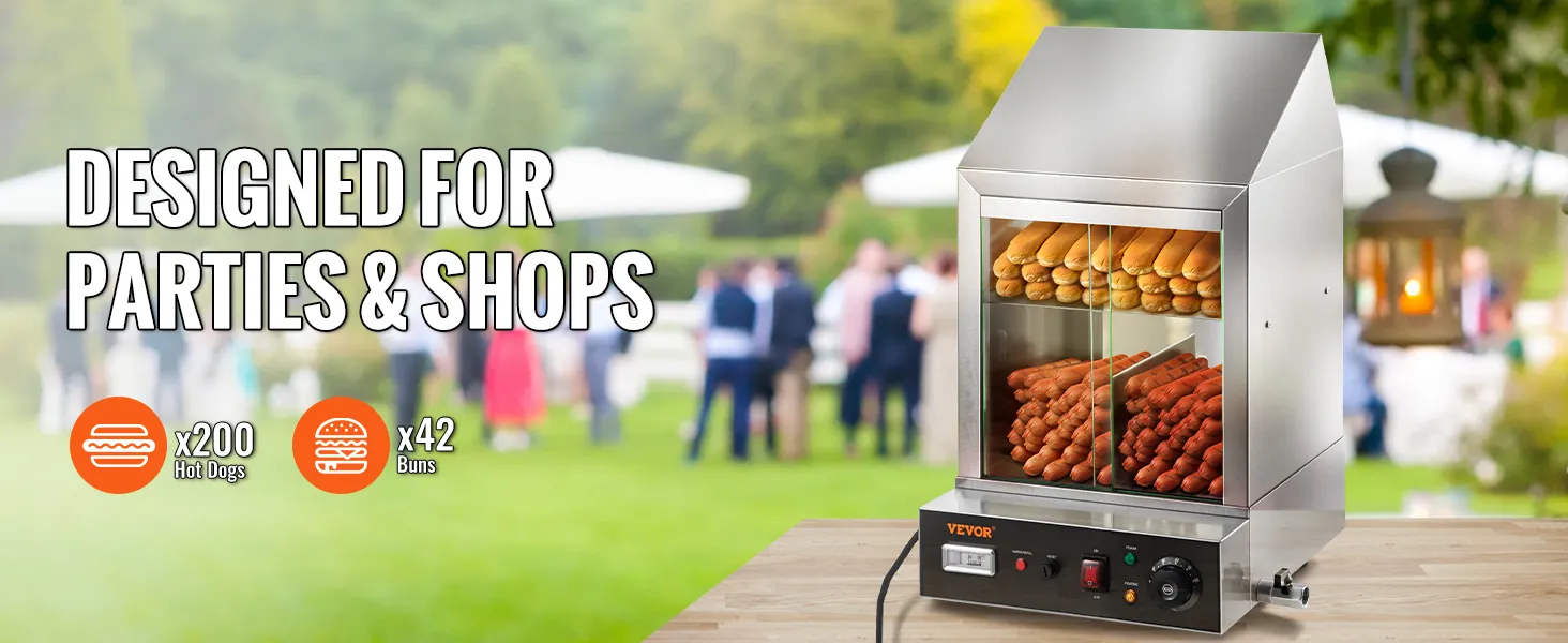 Vaporera para hot dogs VEVOR, ideal para fiestas y tiendas, con capacidad para 200 hot dogs y 42 panecillos.