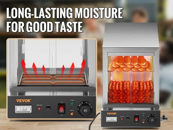 Vaporera para hot dogs VEVOR, que promueve una "humedad duradera para un buen sabor" con elemento calefactor visual.