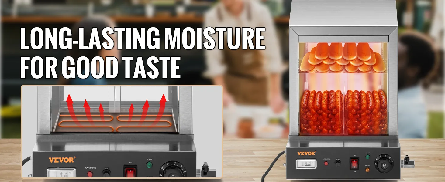 Vaporera para hot dogs VEVOR, que promueve una "humedad duradera para un buen sabor" con elemento calefactor visual.