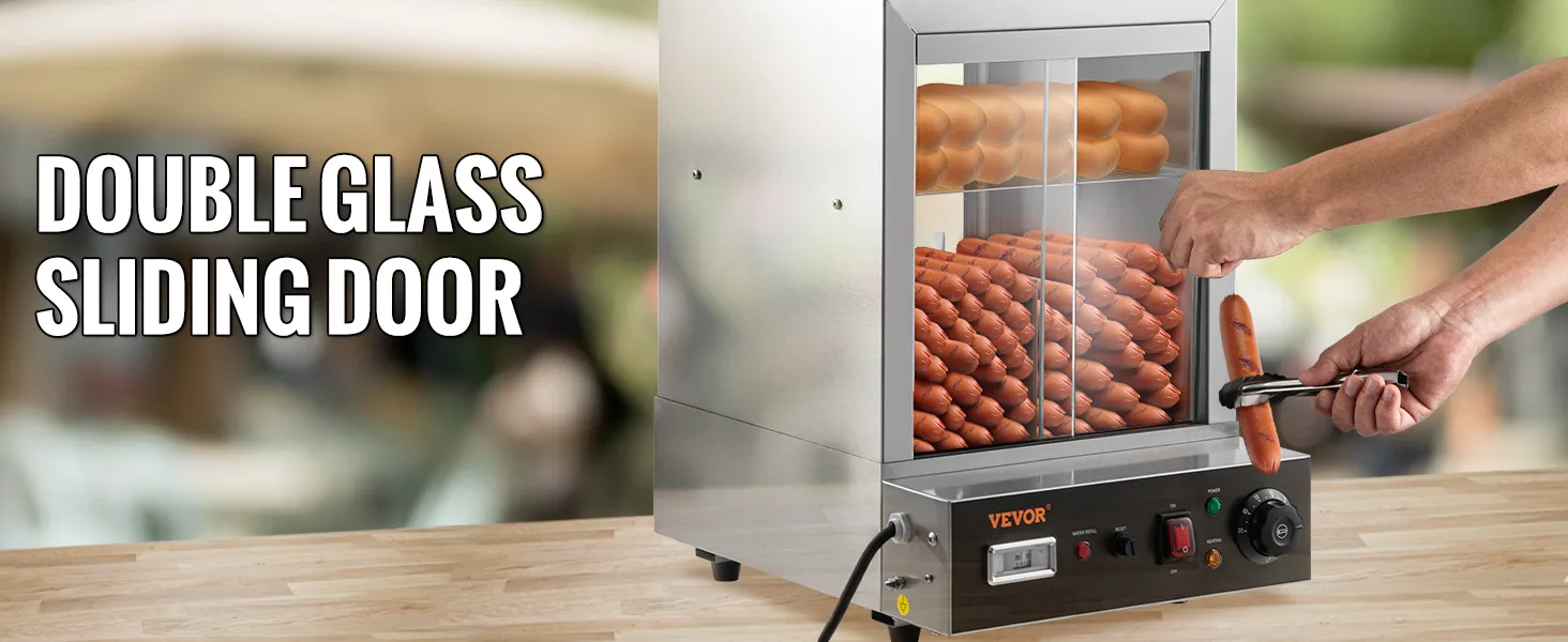 Vaporera para hot dogs VEVOR con puerta corrediza de vidrio doble y exterior de acero inoxidable sobre encimera de madera.
