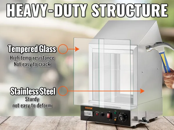 Vaporera para hot dogs VEVOR con vidrio templado y construcción de acero inoxidable. Estructura resistente.