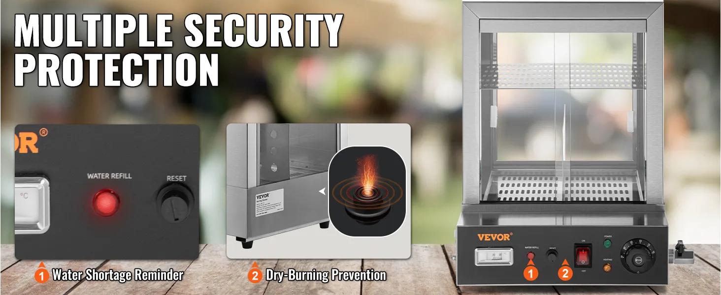 Vaporizador para hot dogs VEVOR con múltiples funciones de seguridad: recordatorio de escasez de agua y prevención de quemaduras en seco.