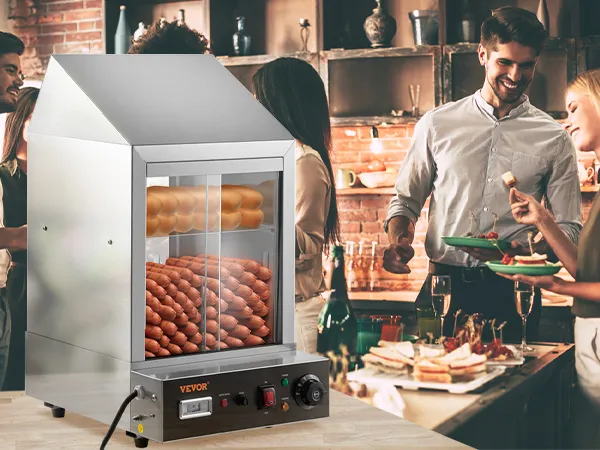 Vaporera de hot dogs VEVOR presentada en una reunión social con personas disfrutando de bocadillos y bebidas.